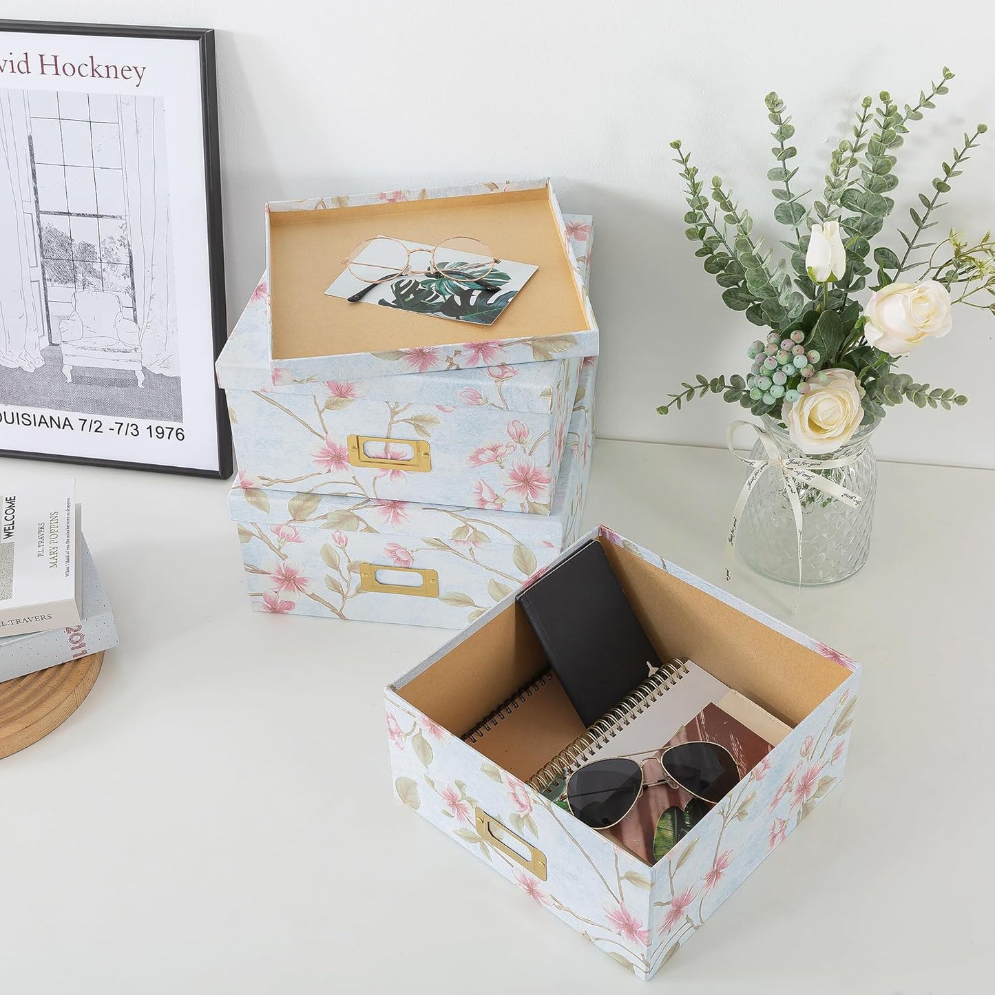 Soul & Lane Decorative Cardboard Storage Boxes - Set of 3 Square Stacking Boxes with Lids and Gold Label Holders, Nesting Photo Storage for Decor and Organizing, Botanical Sage