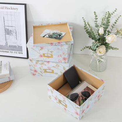 Soul & Lane Decorative Cardboard Storage Boxes - Set of 3 Square Stacking Boxes with Lids and Gold Label Holders, Nesting Photo Storage for Decor and Organizing, Botanical Sage