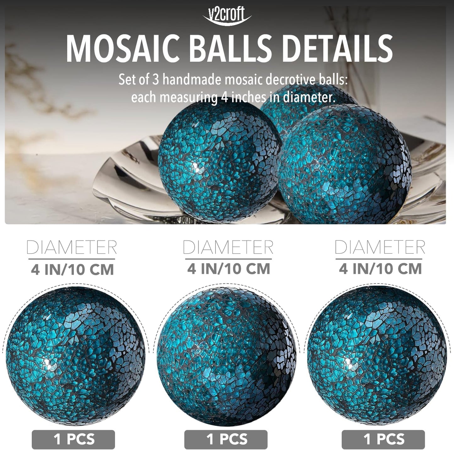 4in Decorative Mosaic Sphere Orbs Set of 3, Glass Balls for Whole Housewares,Wedding/Birthday,Bowls,Vases Dining Table Centerpieces(Silver,Black,Blue)