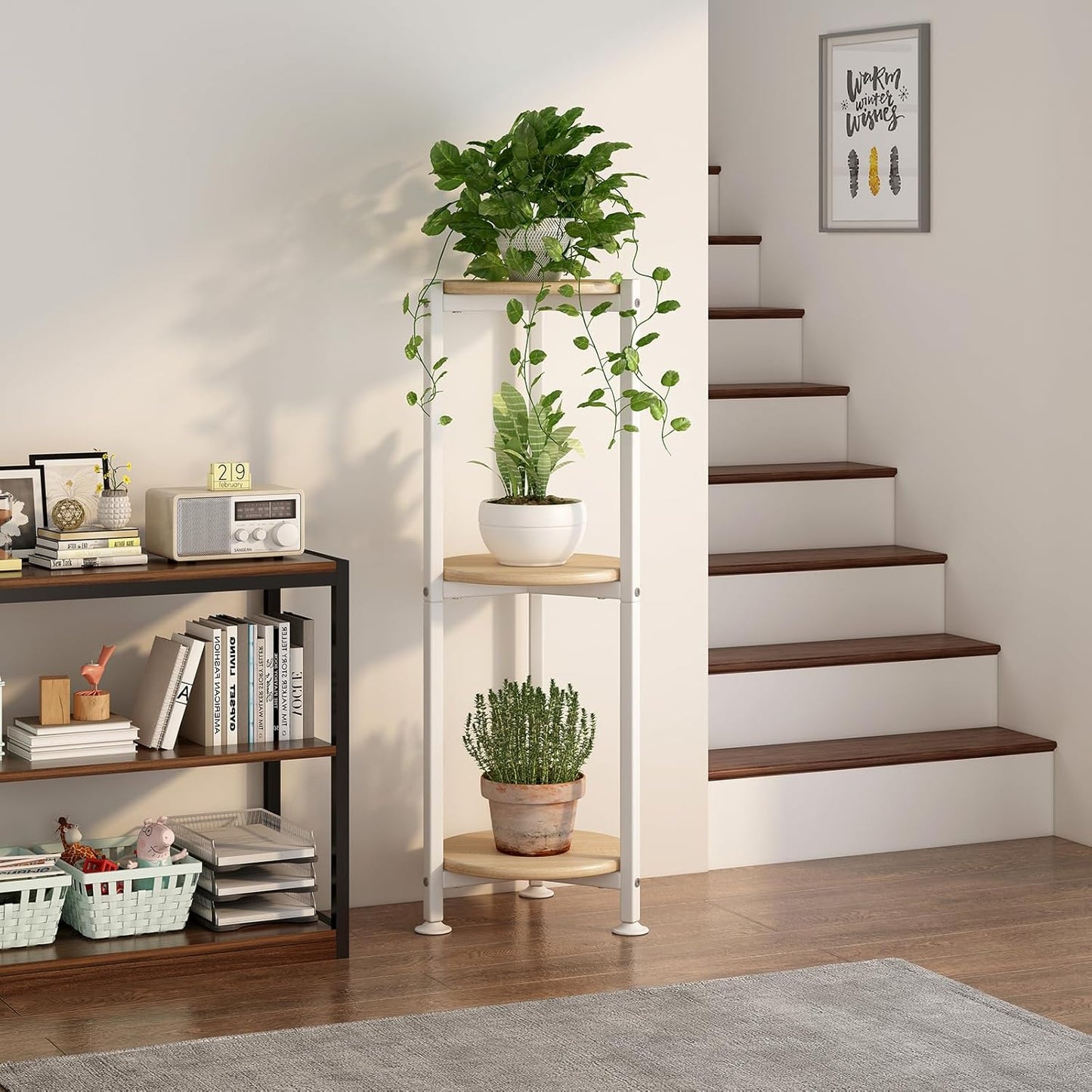 Plant Stand Indoor Corner Tall 2 Tier Metal Modern Flower Storage Plant Shelf Holder for Living Room Balcony Garden,Black (2 Tier-Black Round)