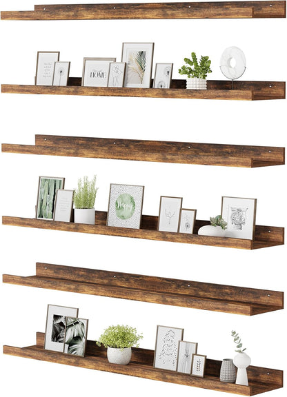upsimples 6 Pack Wooden Floating Shelves, Wall Storage Decor Shelf for Bathroom, Bedroom, Living Room, Kitchen, Office and Laundry Room, Wall Mounted Display Hanging Shelf, Brown