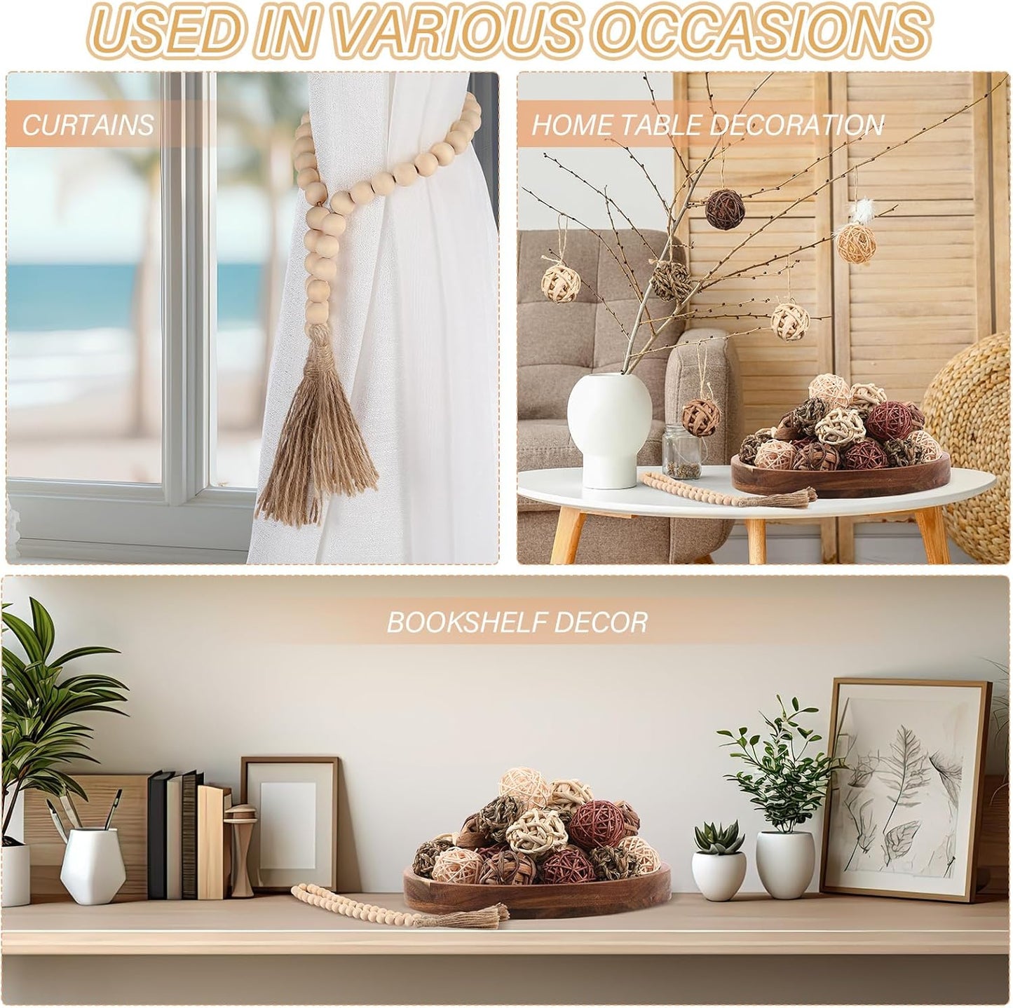 Halloscume 31 Pcs Wicker Rattan Decorative Balls with 30.3 Inch Wood Bead Garland Centerpiece Bowls Orbs Vase Fillers Wall Hanging Decor for Summer Home Farmhouse Wedding Party(Black)