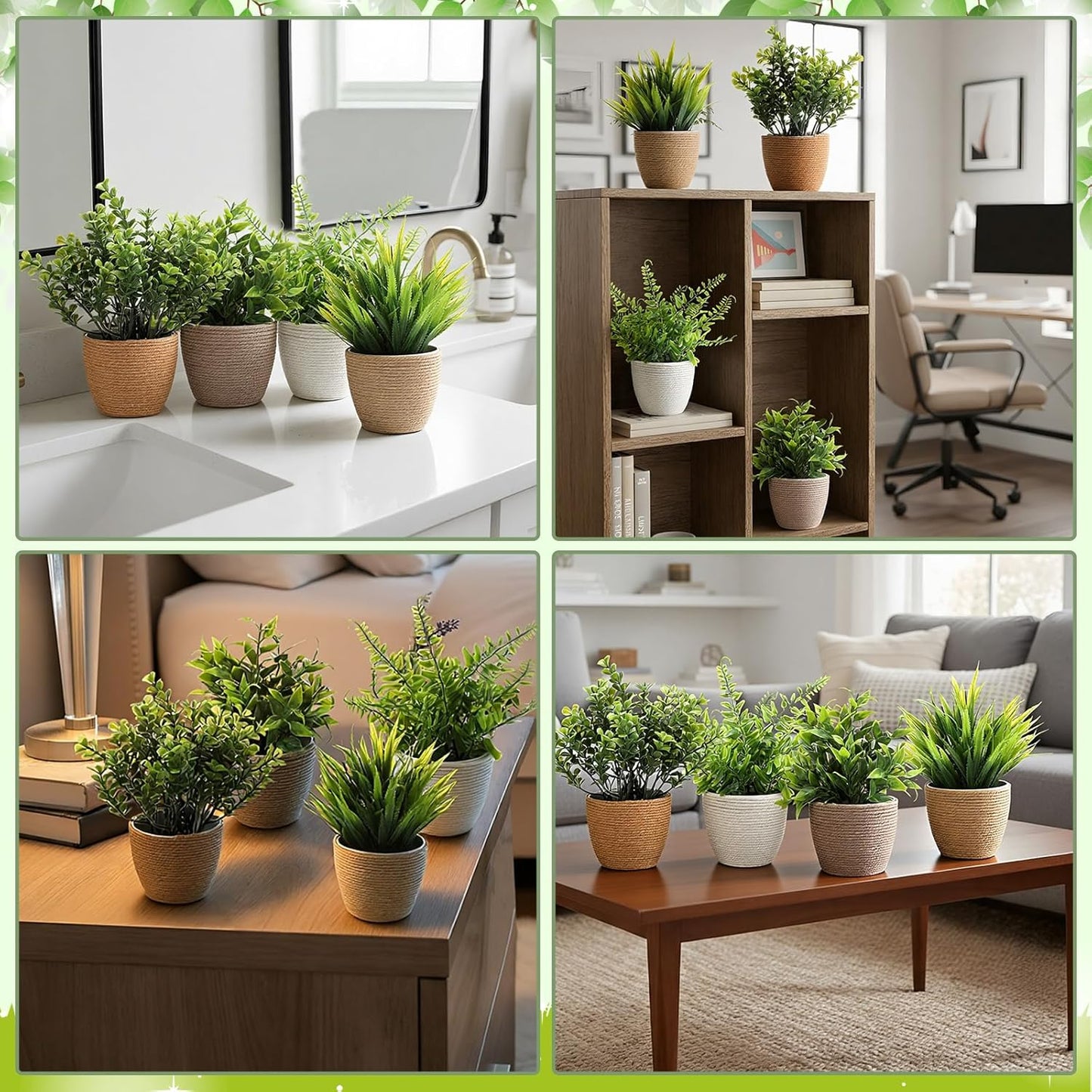 Suncalla 4 Pcs Boho Woven Artificial Plants, 8.7" Small Faux Eucalyptus in Woven Planters, Waterproof Fake Potted Greenery for Farmhouse Bathroom Home Office Shelf Decor