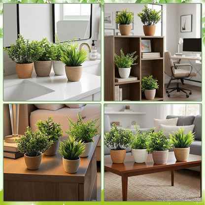 Suncalla 4 Pcs Boho Woven Artificial Plants, 8.7" Small Faux Eucalyptus in Woven Planters, Waterproof Fake Potted Greenery for Farmhouse Bathroom Home Office Shelf Decor
