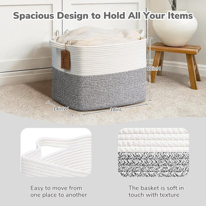 Goodpick Woven Storage Basket, Cotton Rope Basket for Dog Toys, Books, Stylish Gift Basket with Handles, 13 x 10 x 9 Inches Square Baskets for Organizing, Brown and White