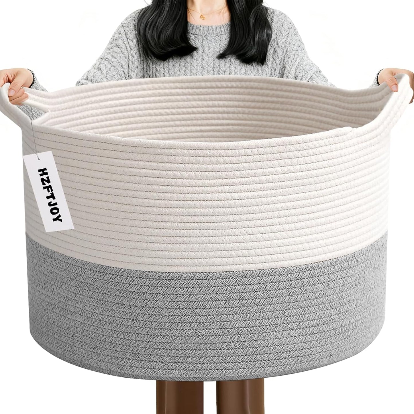 Large Woven Blanket Basket,65L Cotton Rope Laundry Basket Hamper with Handles, Decorative Nursery Basket Storage Bin for Toys, Clothes Organizer, Living Room, Bedroom, Bathroom, White & Brown