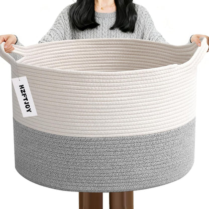 Large Woven Blanket Basket,65L Cotton Rope Laundry Basket Hamper with Handles, Decorative Nursery Basket Storage Bin for Toys, Clothes Organizer, Living Room, Bedroom, Bathroom, White & Brown