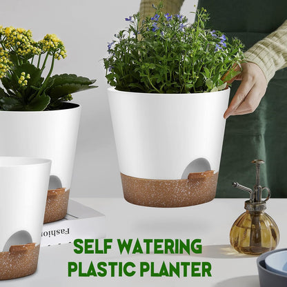 YNNICO Indoor Self Watering Planters with Drainage Holes and Saucers, 8, 7, 6.5, 6, 5.5, 5 Inches, Black, 6 Pots