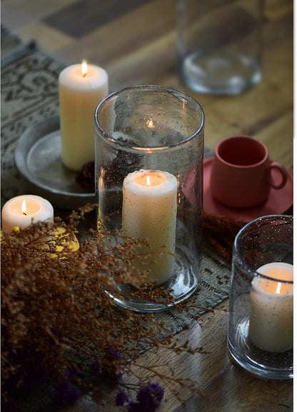 Hurricane Candle Holders for Pillar Hand Blown Glass Cylinder Vases Table Centerpiece Bulk Room Decor Clear Seeded Bubbles Living Dining Kitchen Island 10" 7" 4" Set of 3