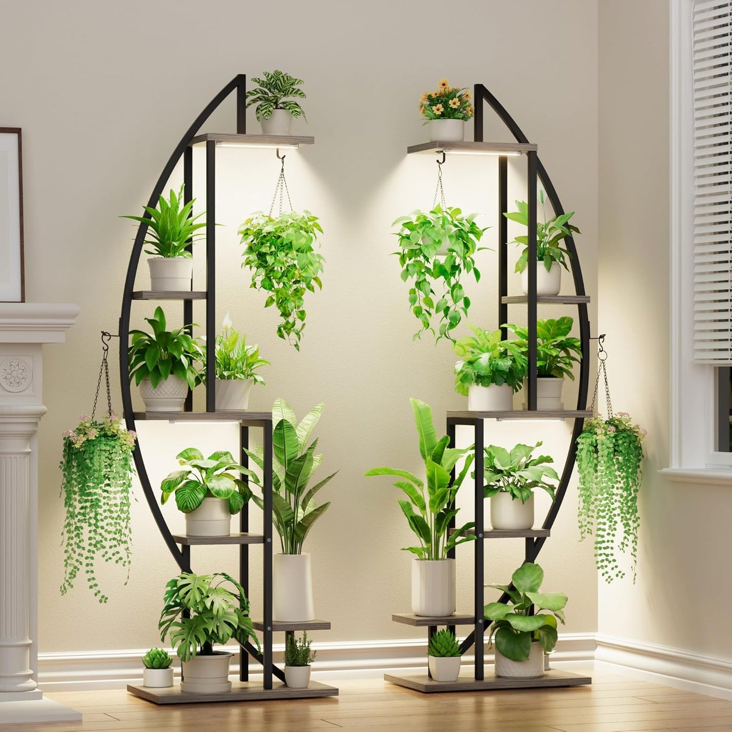 BACEKOLL Plant Stand Indoor with Grow Lights, 6 Tiered Tall Plant Shelf, 63" Metal Plant Stand for Indoor Plants Multiple, Half-Moon Plant Rack Display Shelf, 2 Pcs Plant Holder for Living Room, Patio
