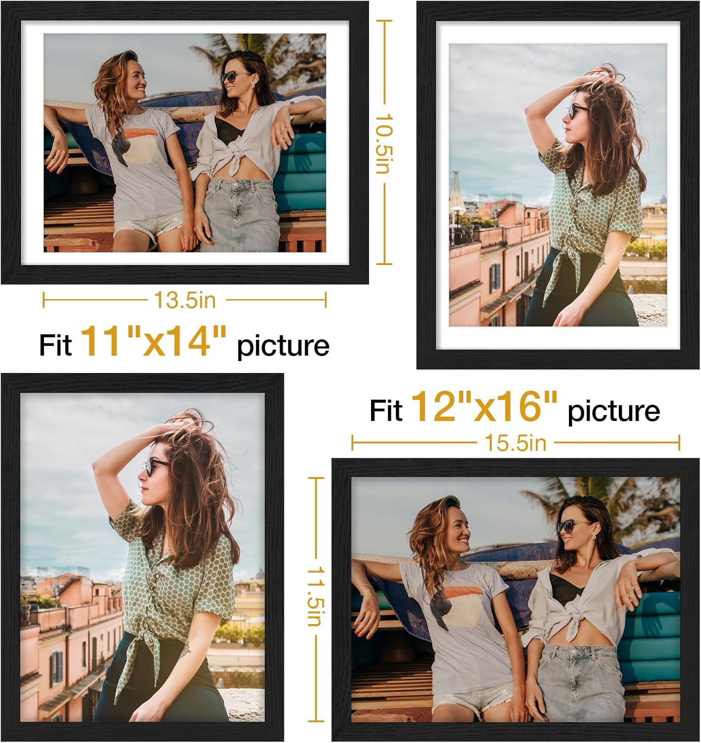 Vittanly 11x14 Picture Frame, Display Pictures 8x10 with Mat or 11x14 without Mat, Photo Frame for Wall Mounting, Black, 1 Pack - Colors A