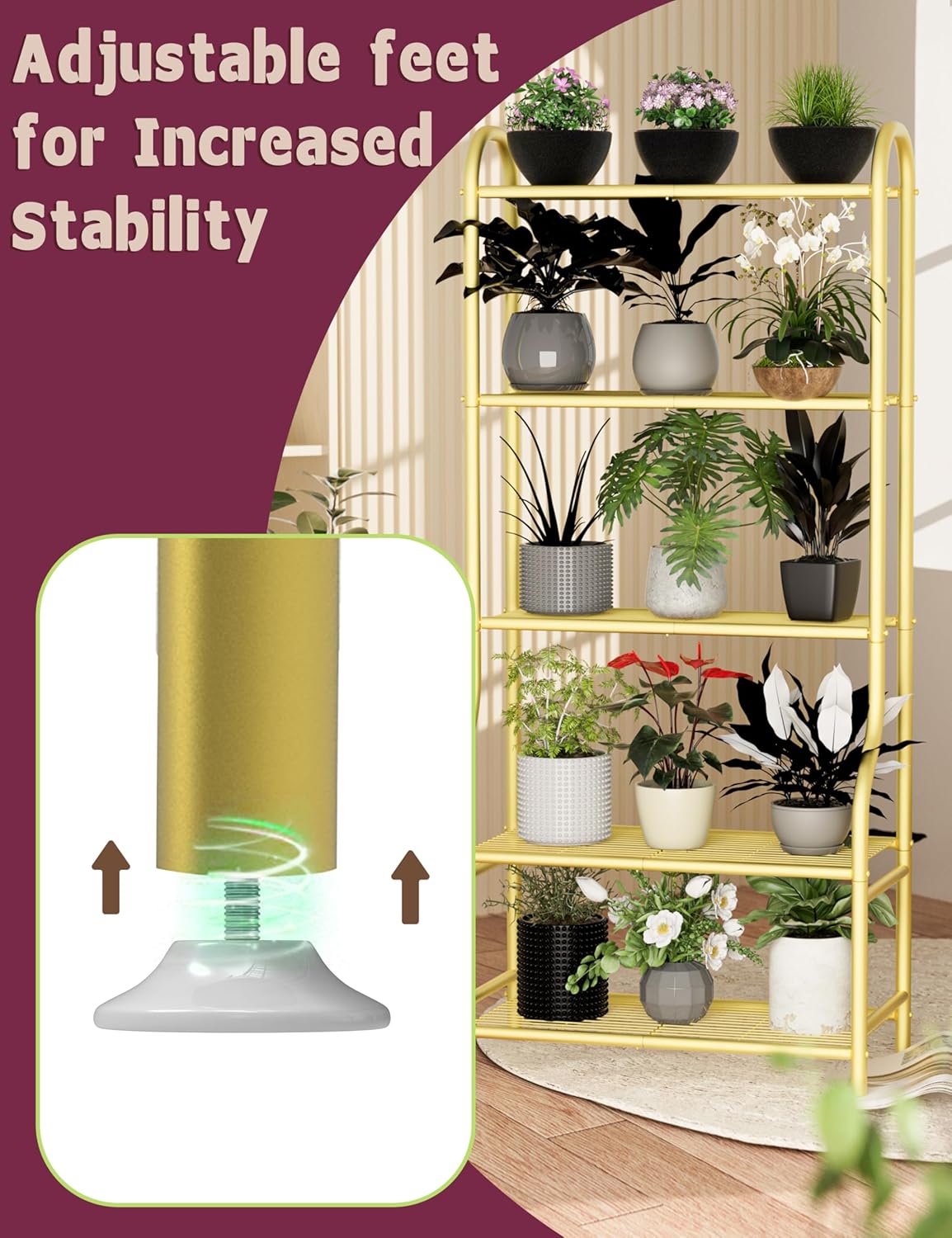 5-Tier Metal Plant Stand - Heavy Duty Indoor Outdoor Flower Shelf for Multiple Pots, 65" Tall Vertical Holder with Adjustable Leveling Feet & Wall-Fixing Kits, Black