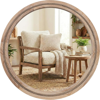 30" Round Solid Wood Mirror for Bathroom Vanity, Handcrafted Beaded Circle Wall Mirror - Natural Boho Farmhouse Decor for Entryway & Bedroom