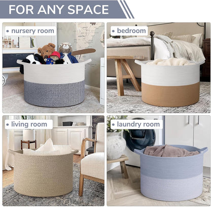 INDRESSME XXXLarge Blanket Basket for Living Room 21.7" x 21.7" x 13.8"-Storage Basket with Handle for Organizing Toy Pillows Woven Cotton Rope Laundry Basket Stuffed Animal Toy Storage for Play Room