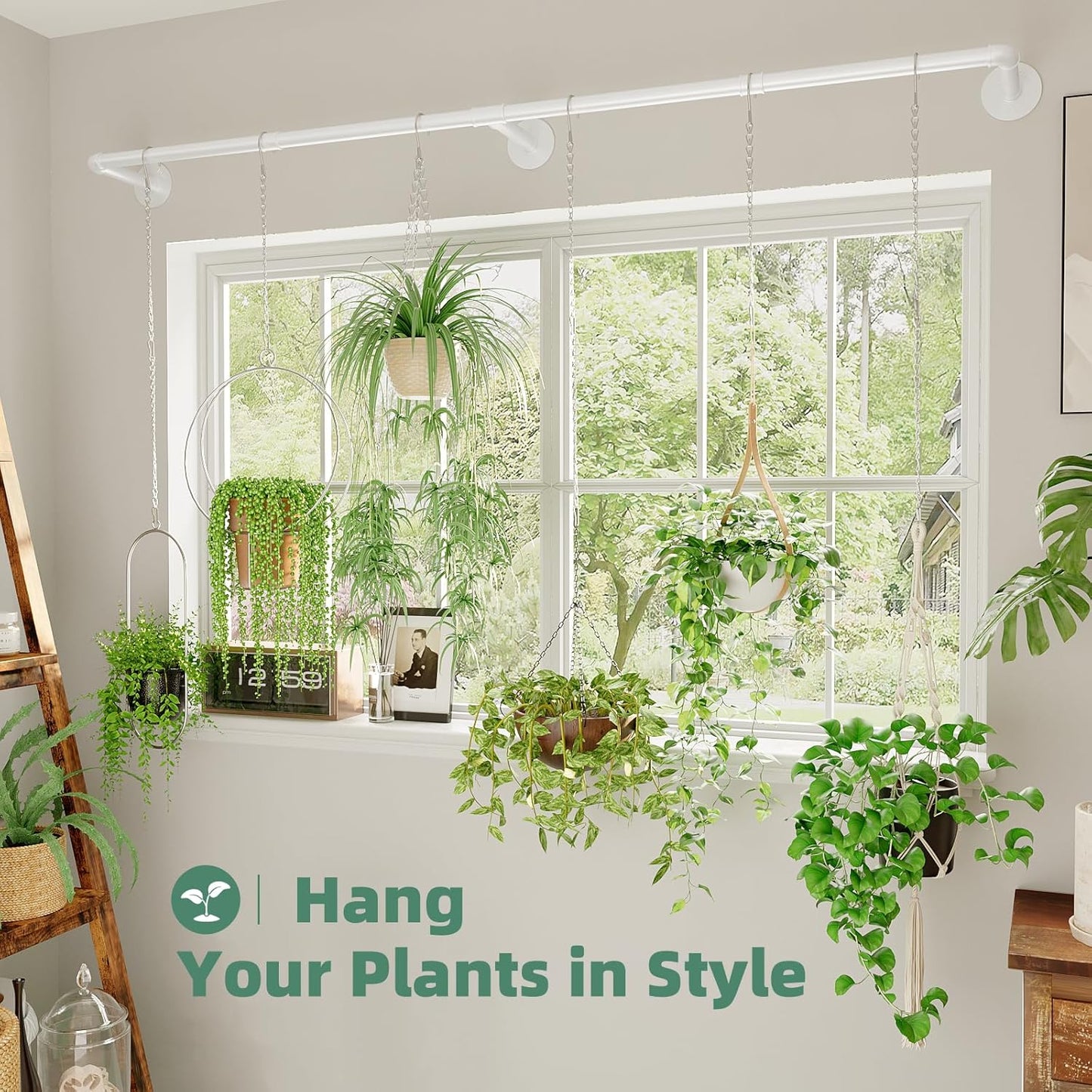 Galood Plant Hanger Indoor with 6 Hanging Chains Hanging Planters for Indoor Plants Hanging Plant Holder Window Plants Rod Black Metal Shelves(70.8 Inch Pot not Included