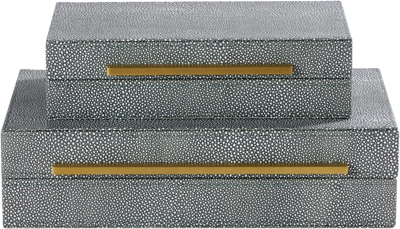 Sagala Set of 2 Ivory Shagreen Decorative Boxes With Brushed Gold Metal Handles, Faux Leather Jewelry Boxes Modern Storages Photo Memory Boxes Home Organizer Boxes (Ivory-Gold, 2pack)