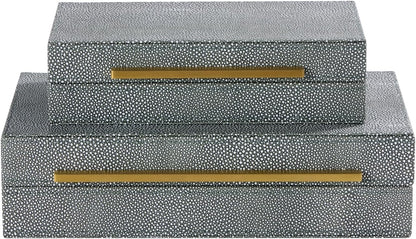 Sagala Set of 2 Ivory Shagreen Decorative Boxes With Brushed Gold Metal Handles, Faux Leather Jewelry Boxes Modern Storages Photo Memory Boxes Home Organizer Boxes (Ivory-Gold, 2pack)