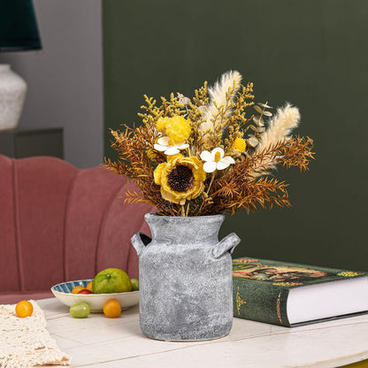 Quoowiit Ceramic Rustic Farmhouse Vase, Distressed Decorative Flower Vases for Home Decor, Ideal Shelf Decor, Green Boho Vase for Living Room Bedroom Kitchen Office Centerpiece Table Decorations