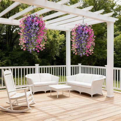 INQCMY Artificial Fake Hanging Plants Flowers Basket for Spring Summer Outdoor Outside Porch Decoration,UV Resistant Faux Silk Violet in Planter for Home Patio Balcony Garden Yard Decor(Red)