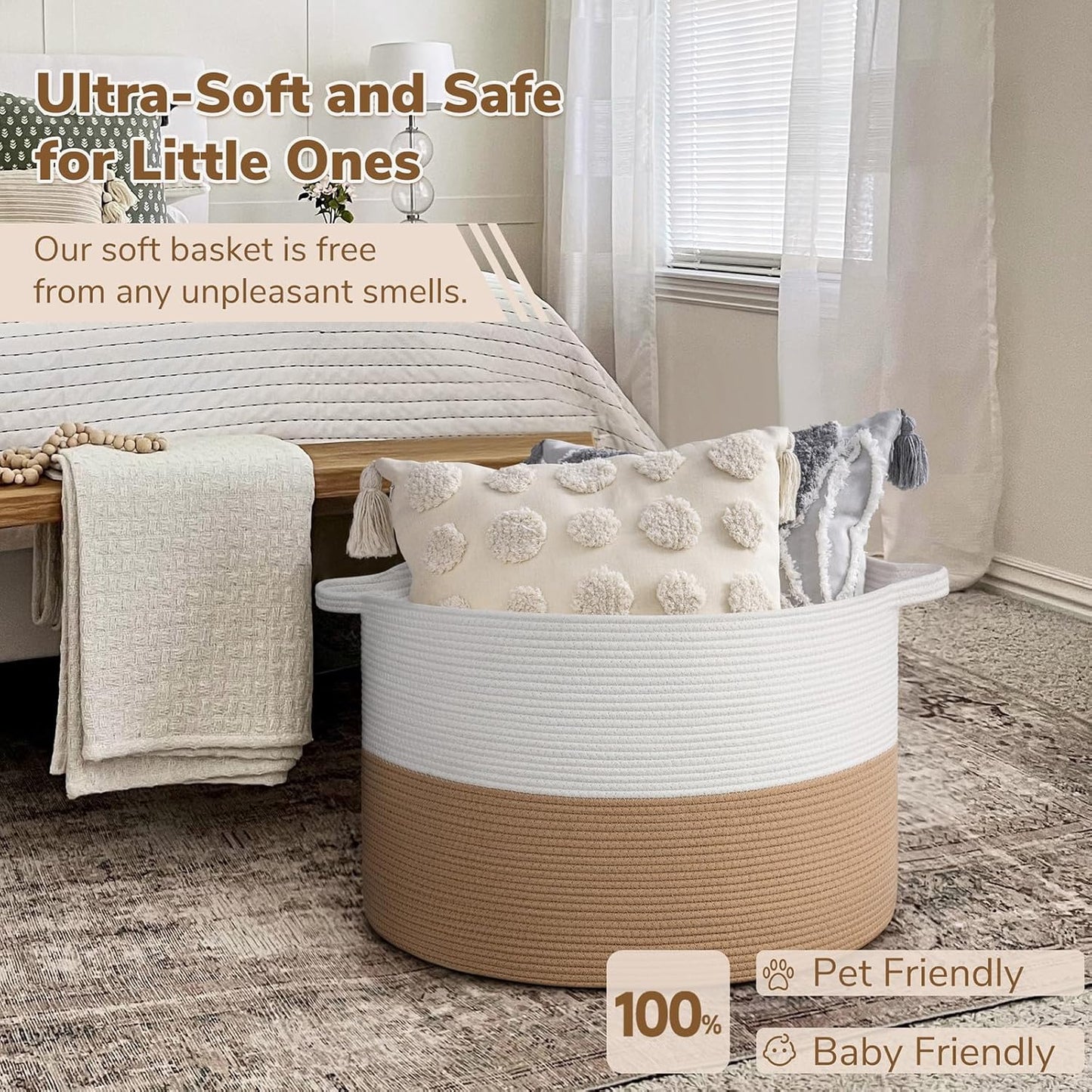 INDRESSME XXXLarge Blanket Basket for Living Room 21.7" x 21.7" x 13.8"-Storage Basket with Handle for Organizing Toy Pillows Woven Cotton Rope Laundry Basket Stuffed Animal Toy Storage for Play Room