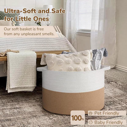 INDRESSME XXXLarge Blanket Basket for Living Room 21.7" x 21.7" x 13.8"-Storage Basket with Handle for Organizing Toy Pillows Woven Cotton Rope Laundry Basket Stuffed Animal Toy Storage for Play Room