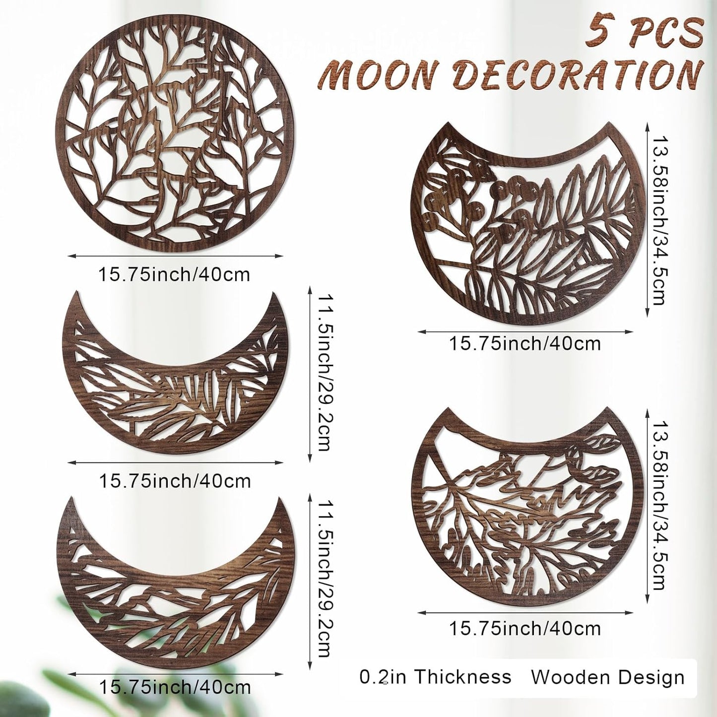 Jetec 5 Pcs Moon Phase Wall Art Decor Wall Pediments Hanging Wooden Phase Spiritual Bedroom Nordic Boho Lunar Aesthetic Art for Living Room Dorm Apartment Ornament(Brown,10.6 Inch,Botanical)