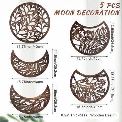 Jetec 5 Pcs Moon Phase Wall Art Decor Wall Pediments Hanging Wooden Phase Spiritual Bedroom Nordic Boho Lunar Aesthetic Art for Living Room Dorm Apartment Ornament(Brown,10.6 Inch,Botanical)