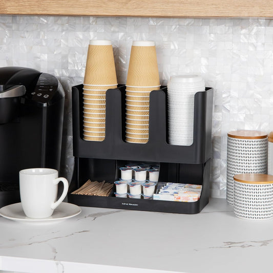 Mind Reader Cup and Condiment Station, 13 Inch Countertop Coffee Bar Organizer with 6 Compartments, Storage Caddy for Cups, Lids and Packets, Plastic, Black