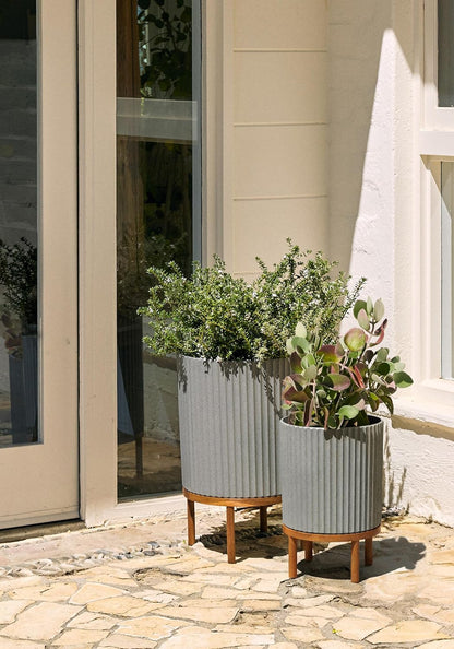 Veradek Demi Series Round Planter w/ Stand for Porch/Patio | Durable Plastic-Concrete & Wooden Stand | Modern Décor for Tall Plants, Flowers
