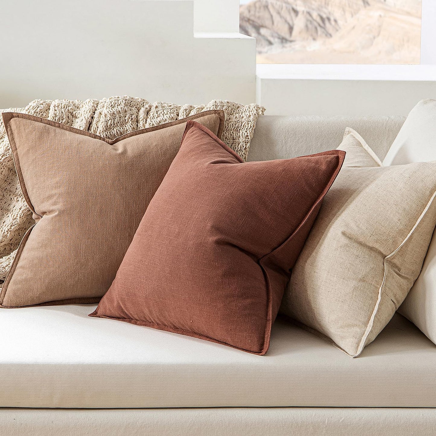 MIULEE Decorative Linen Euro Sham Pillow Covers 26x26 Cream White Boho Farmhouse Neutral Couch Throw Pillows for Bed Pack of 2 Accent Modern Pillowcase Sofa Livingroom Home Decor
