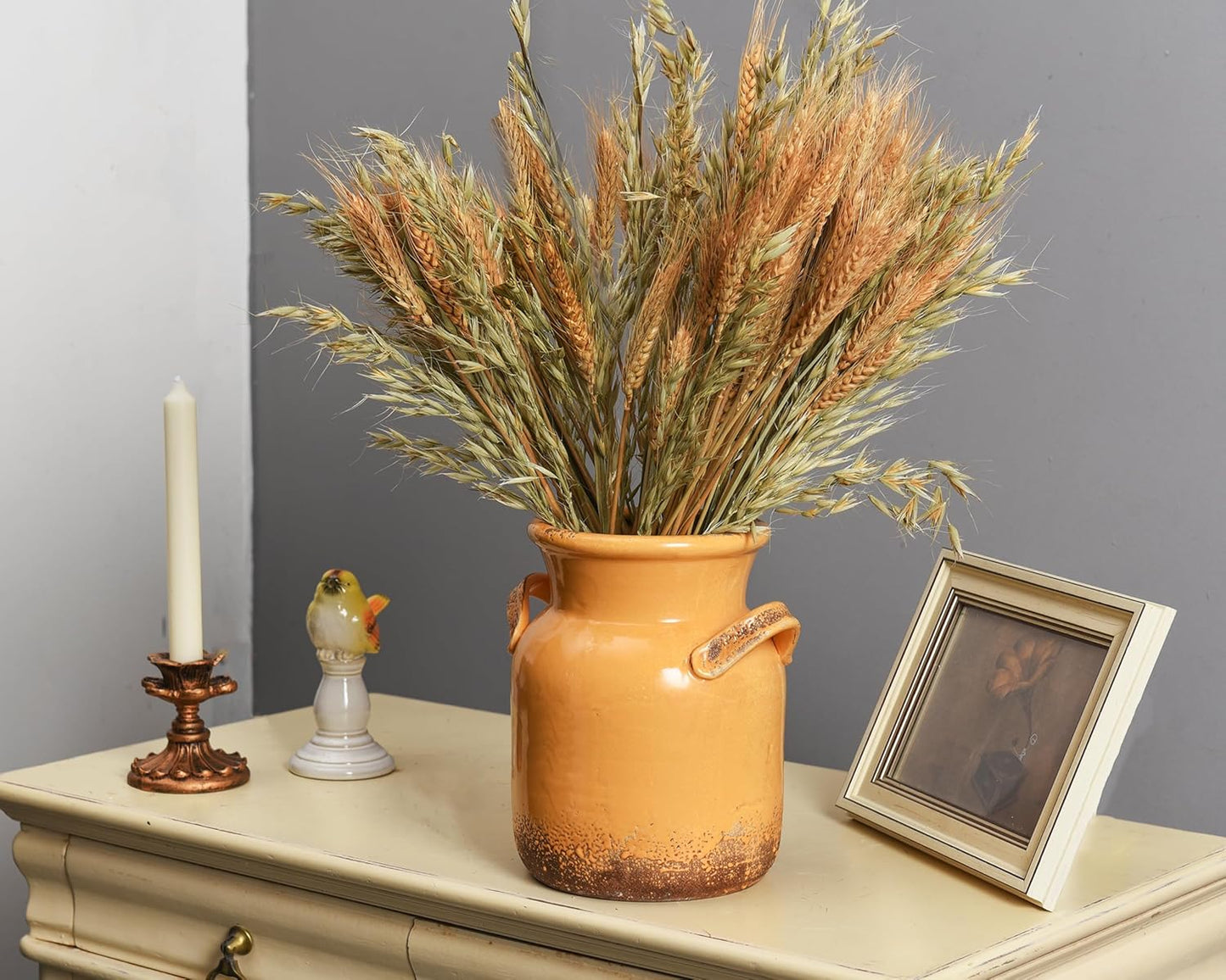 Quoowiit Ceramic Rustic Farmhouse Vase, Distressed Decorative Flower Vases for Home Decor, Ideal Shelf Decor, Green Boho Vase for Living Room Bedroom Kitchen Office Centerpiece Table Decorations