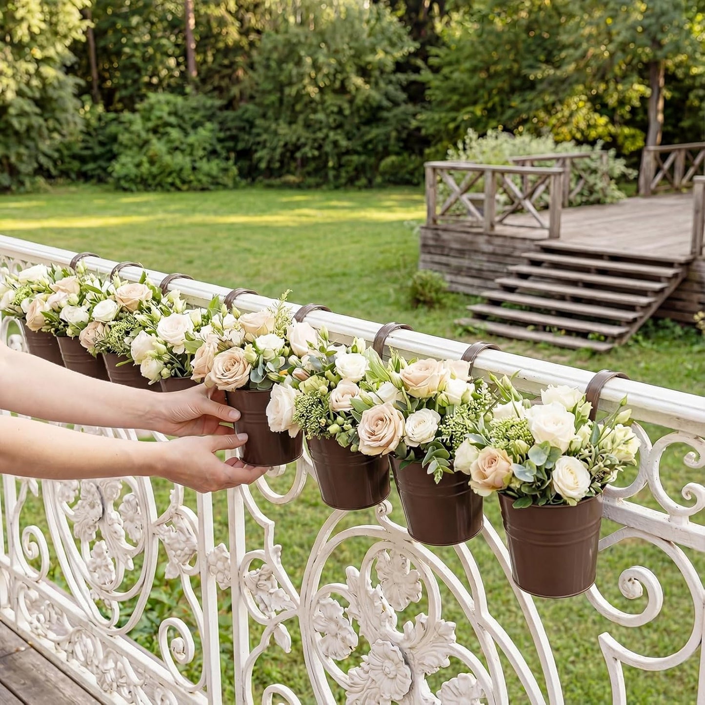 HowRU Metal Iron Flower Pots for Railing Fence Hanging Bucket Pots(5 Pcs) and Hanging Flower Pots Metal Iron Bucket Planter(10 Pcs) (Black)