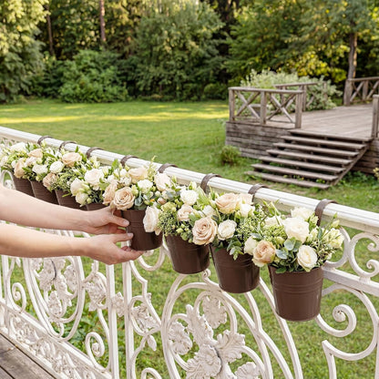 HowRU Metal Iron Flower Pots for Railing Fence Hanging Bucket Pots(5 Pcs) and Hanging Flower Pots Metal Iron Bucket Planter(10 Pcs) (Black)