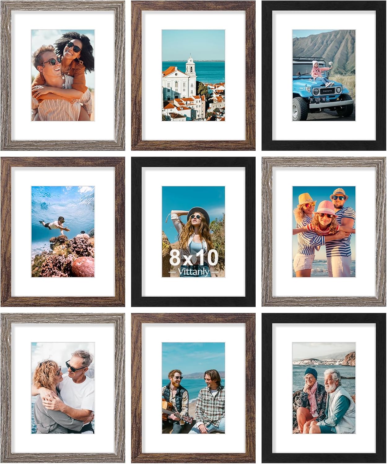 Vittanly 8x10 Picture Frames Set of 9, Shatter Resistant Plexiglass, Display 5x7 Pictures with Mat or 8x10 without Mat, Photo Frames for Wall or Tabletop, Engineered Wood, Black - Colors B