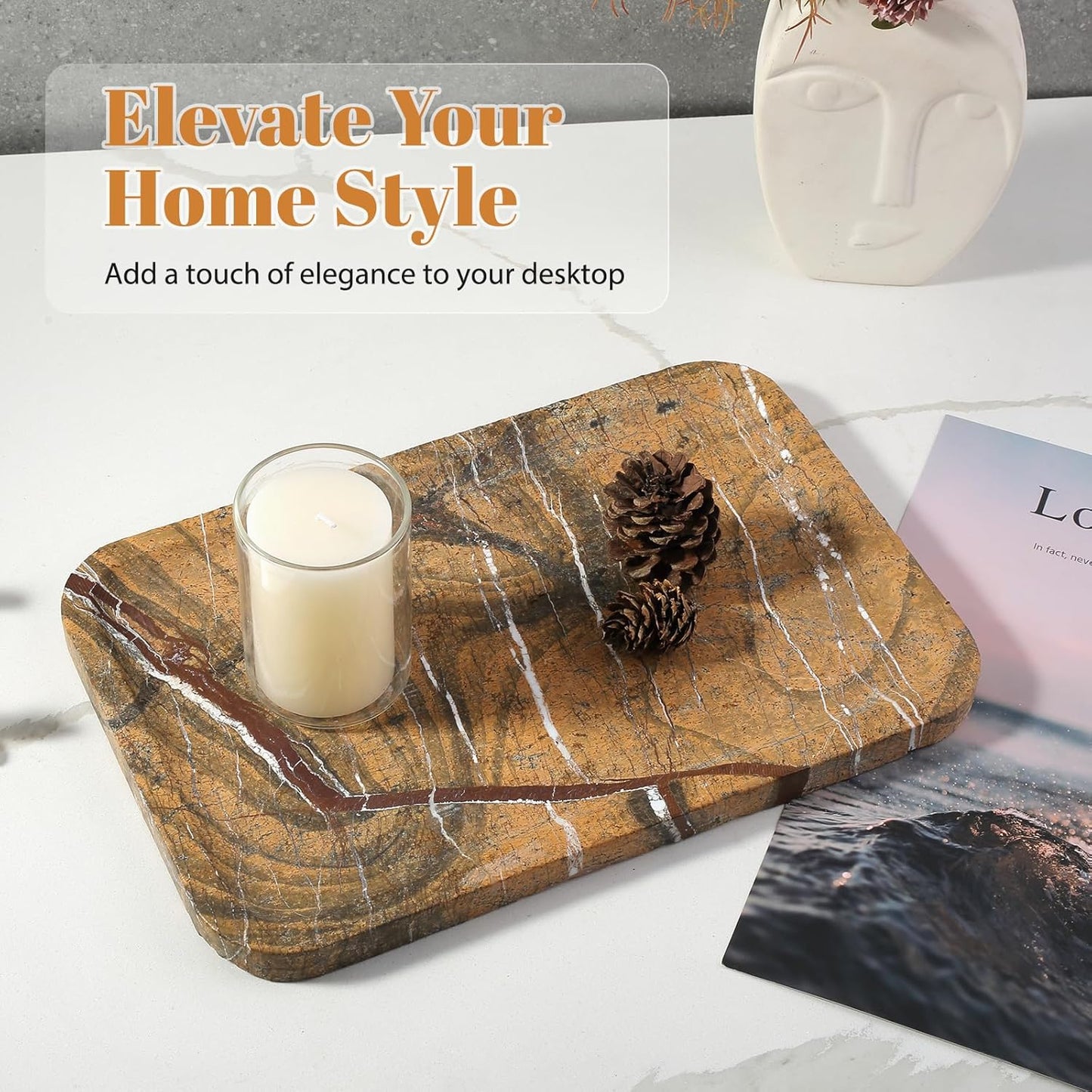 Koville Romano Travertine Tray, 12"x8" Natural Stone Vanity Tray for Countertop Bathroom Kitchen Dresser, Decorative Marble Catchall Trays for Perfume Jewelry, Rectangular Serving Tray(Beige)