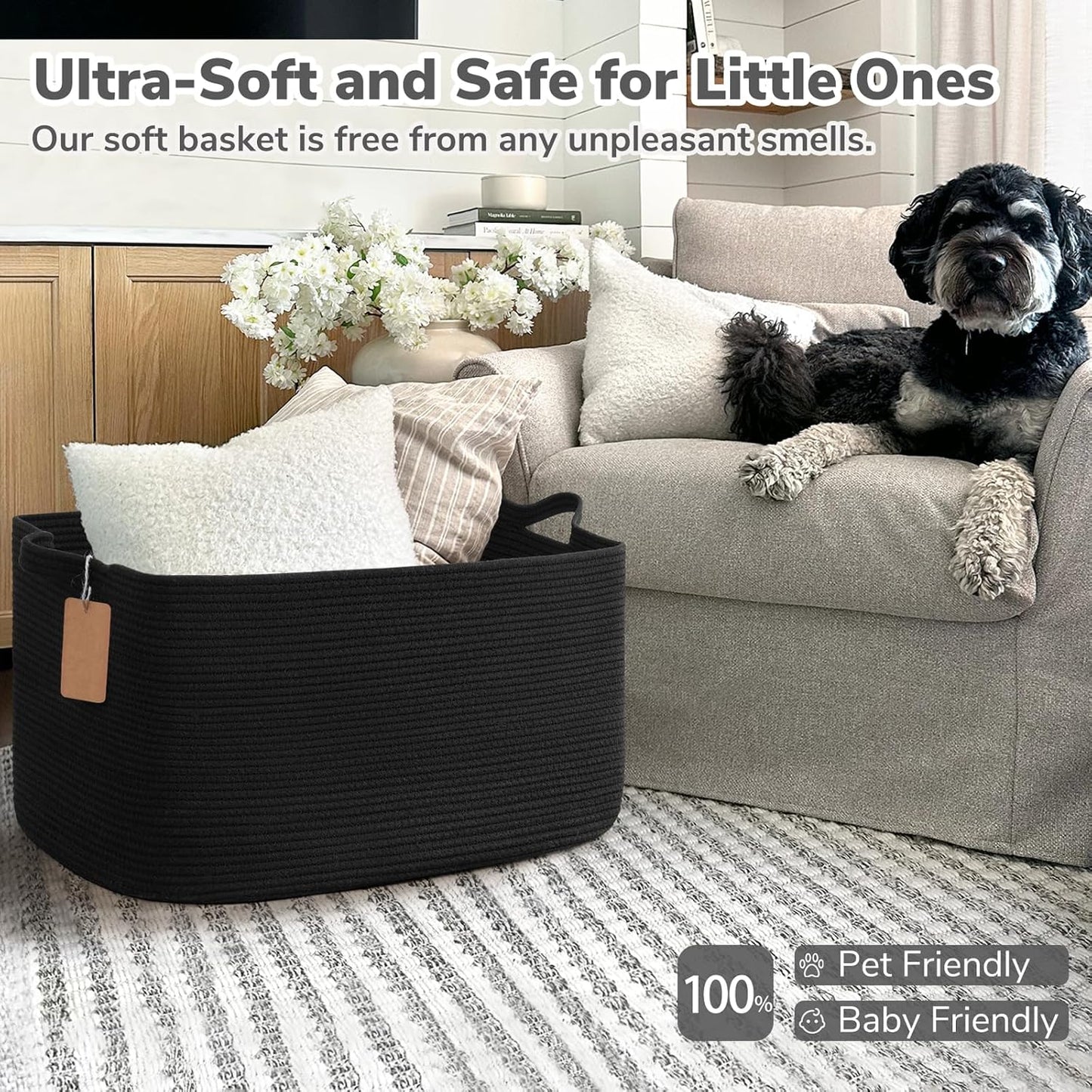 Goodpick Woven Storage Basket, Cotton Rope Basket for Dog Toys, Books, Stylish Gift Basket with Handles, 13 x 10 x 9 Inches Square Baskets for Organizing, Brown and White