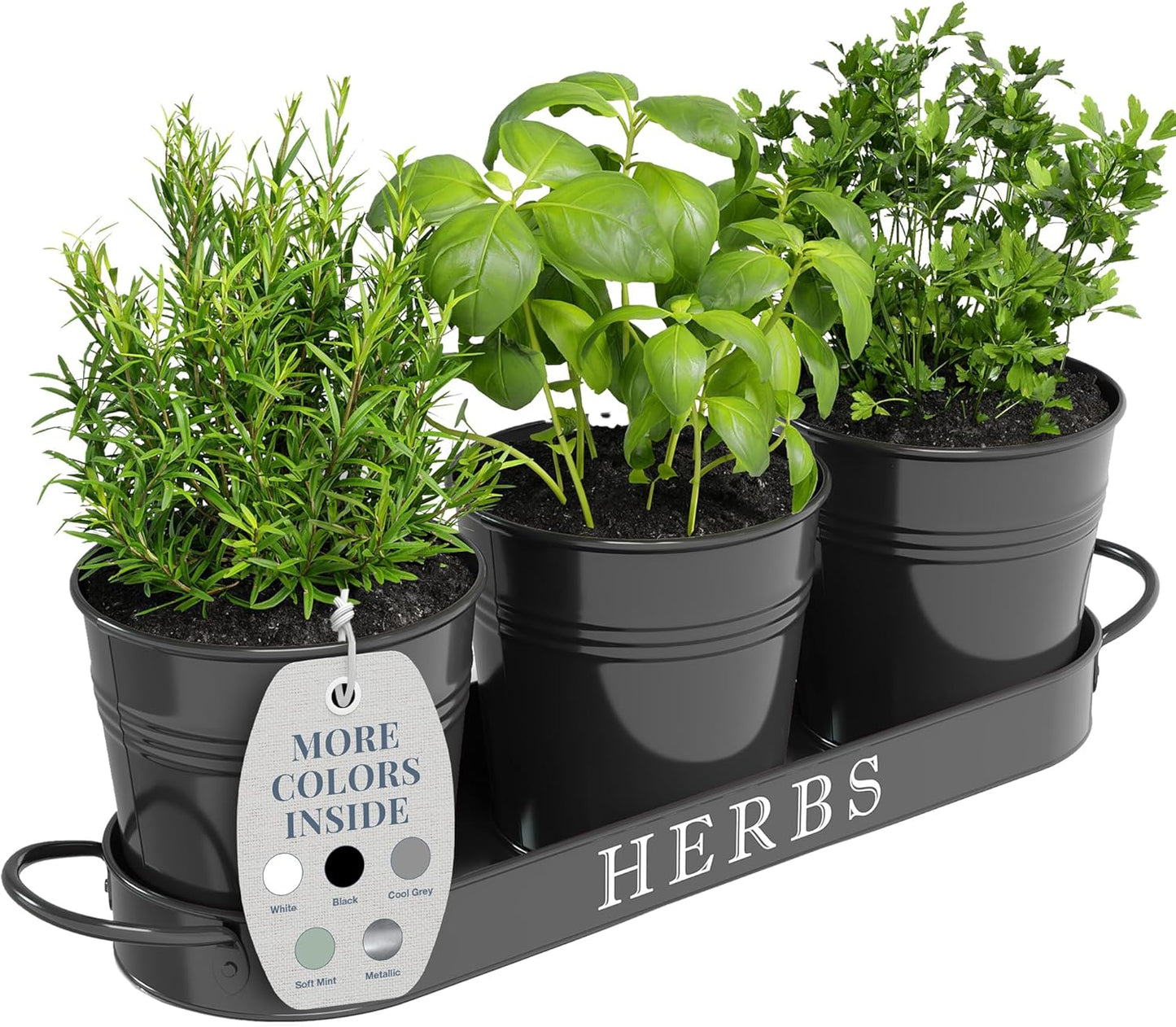 Barnyard Designs Indoor Herb Garden Planter Set with Tray, Metal Windowsill Plant Pots with Drainage for Outdoor or Indoor Plants, Set/3 (White)