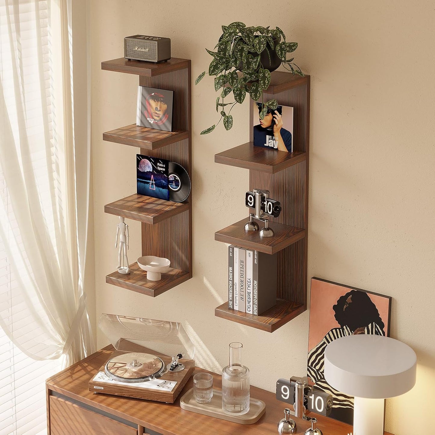 LitaEther Versatile 7 Tier Wall Shelf Unit,White Lack Wall Shelf,Display Floating Shelf with LED Remote Control Light