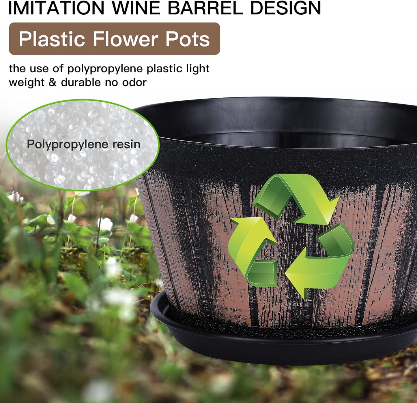 Quarut 3 Pack 10 inch Plant Pots,Whiskey Barrel Planters with Drainage Holes & Saucer, Plastic Decoration Flower Pots Imitation Wine Barrel Design, for Indoor & Outdoor Garden Home Plants (Brown)