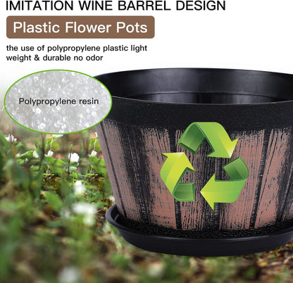 Quarut 3 Pack 10 inch Plant Pots,Whiskey Barrel Planters with Drainage Holes & Saucer, Plastic Decoration Flower Pots Imitation Wine Barrel Design, for Indoor & Outdoor Garden Home Plants (Brown)