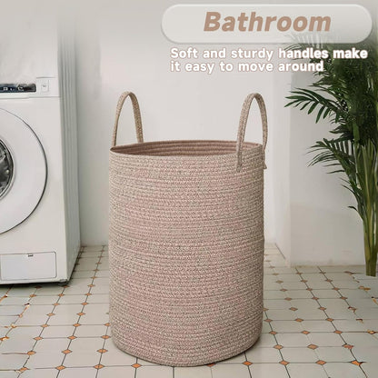 JMvicyroam Large Woven Laundry Basket Hamper,60L Cotton Rope Storage Bin for Blankets,Toys and Clothes,Decorative Tall Nursery Hamper for Living Room,Baby Nursery,Bathroom and Bedroom,Brown