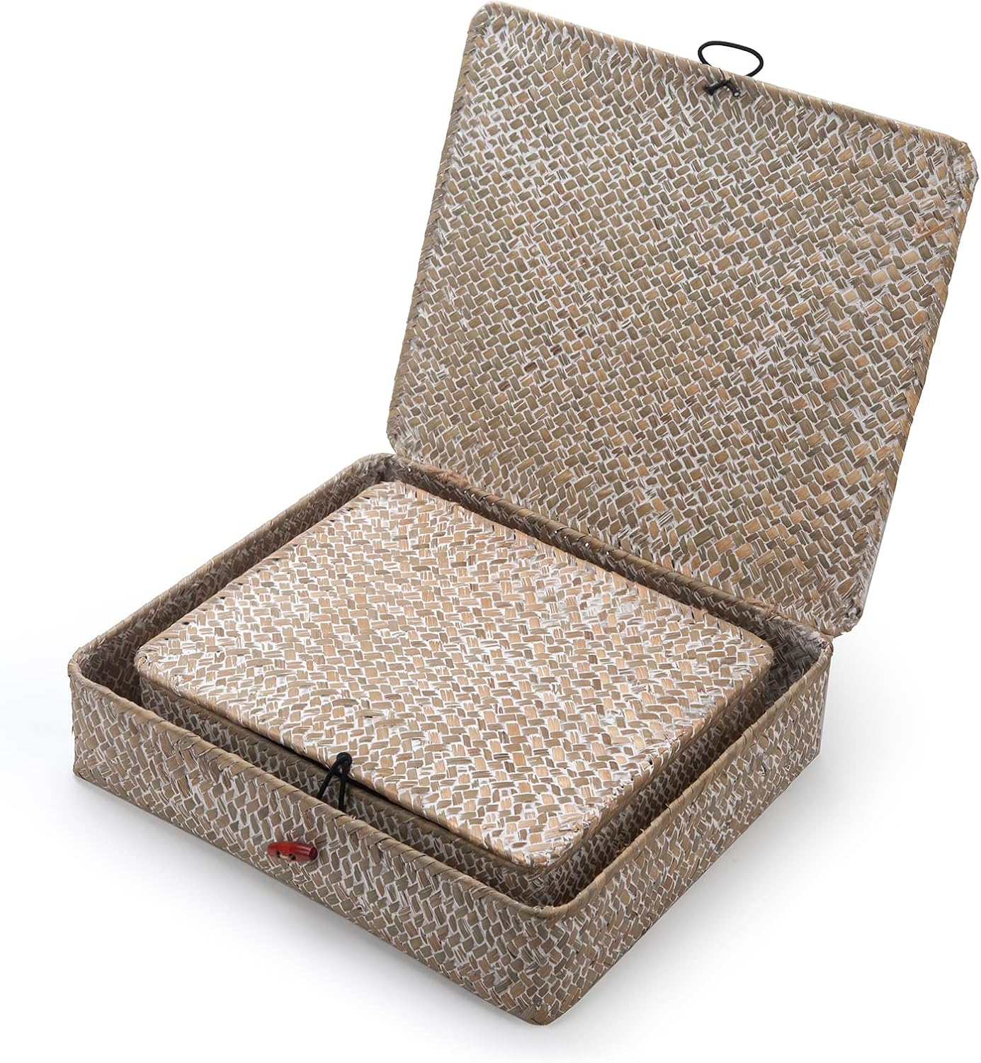 Seagrass Storage Basket Box with Lid Rectangular Woven Shelf Baskets Bins for Organize Snack Toys Set of 2 Natural Decorative(Large+Small)
