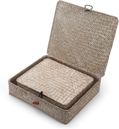 Seagrass Storage Basket Box with Lid Rectangular Woven Shelf Baskets Bins for Organize Snack Toys Set of 2 Natural Decorative(Large+Small)