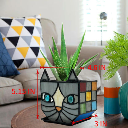 Tiffany Stained Glass Fun Moon Sleeping Cat Planter，Cactus Planter，Cute Planters for Indoor Plants,Decorative Flower Pots As Gifts for Cat Lovers，4.6x3x5.15 in