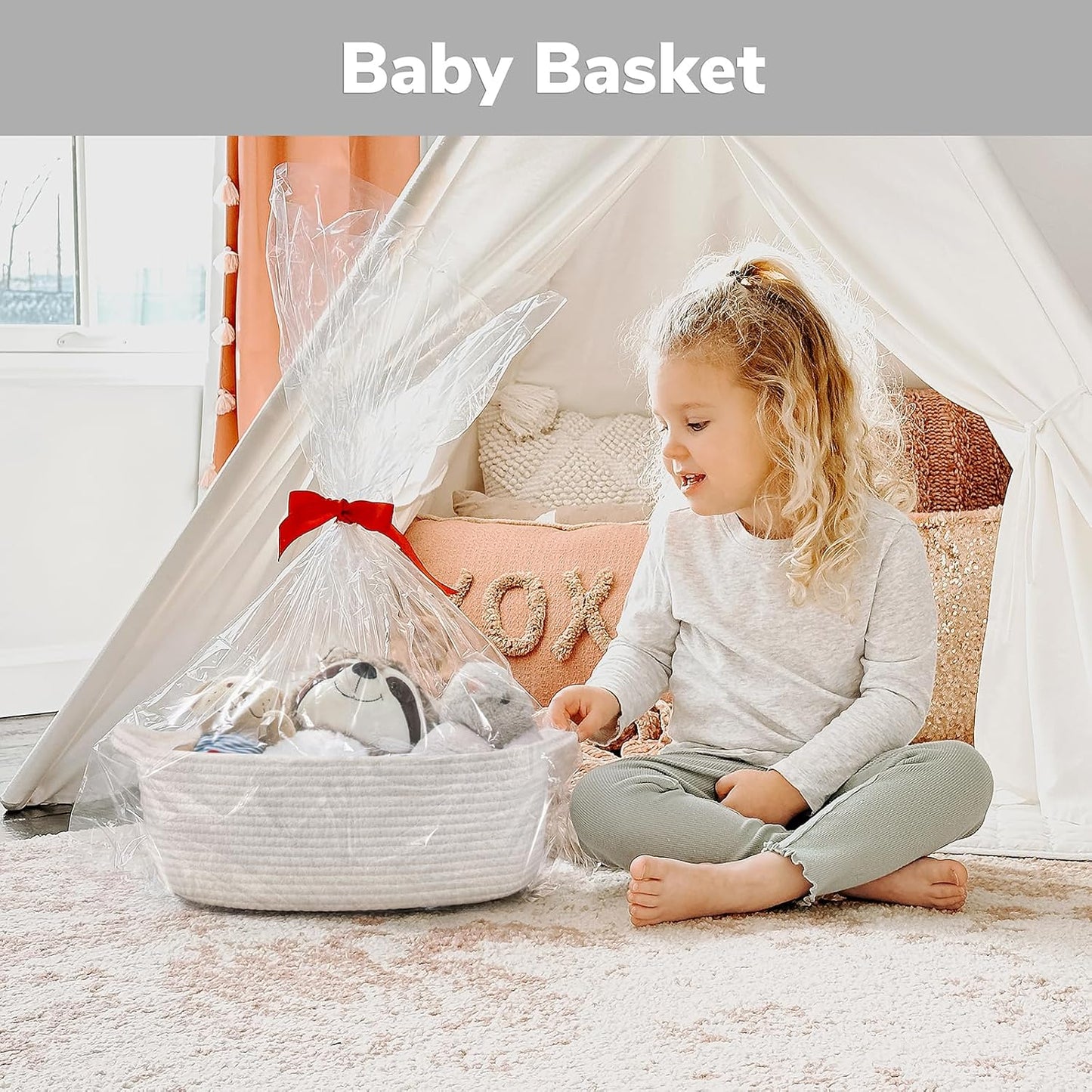 CHICVITA Decorative Gift Basket, Easter Basket for Kids, Woven Rope Storage Baskets with Handles, Nursery Baby Shower Toy Organizer, Grey, 13 x 9.8 x 5 inches