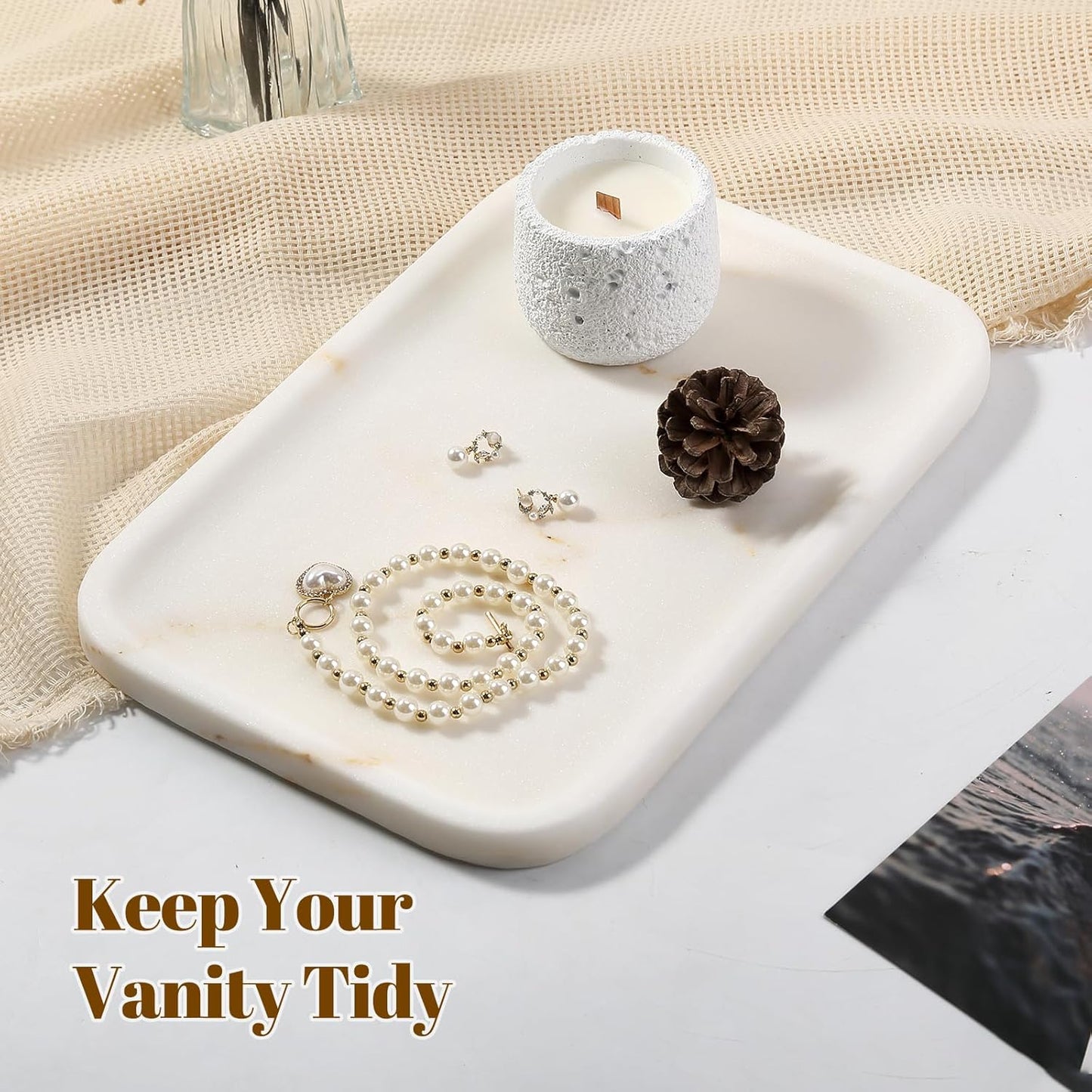 Koville Romano Travertine Tray, 12"x8" Natural Stone Vanity Tray for Countertop Bathroom Kitchen Dresser, Decorative Marble Catchall Trays for Perfume Jewelry, Rectangular Serving Tray(Beige)