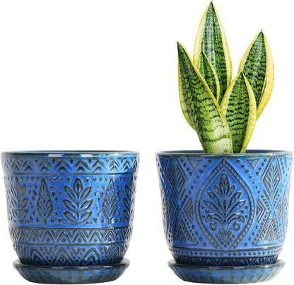 Gepege 6 Inch Beaded Ceramic Planter Set of 2 with Drainage Hole and Saucer for Plants, Indoor-Outdoor Large Round Succulent Orchid Flower Pot (Smoked Gray, Inner-pots not Larger Than 5 Inch)