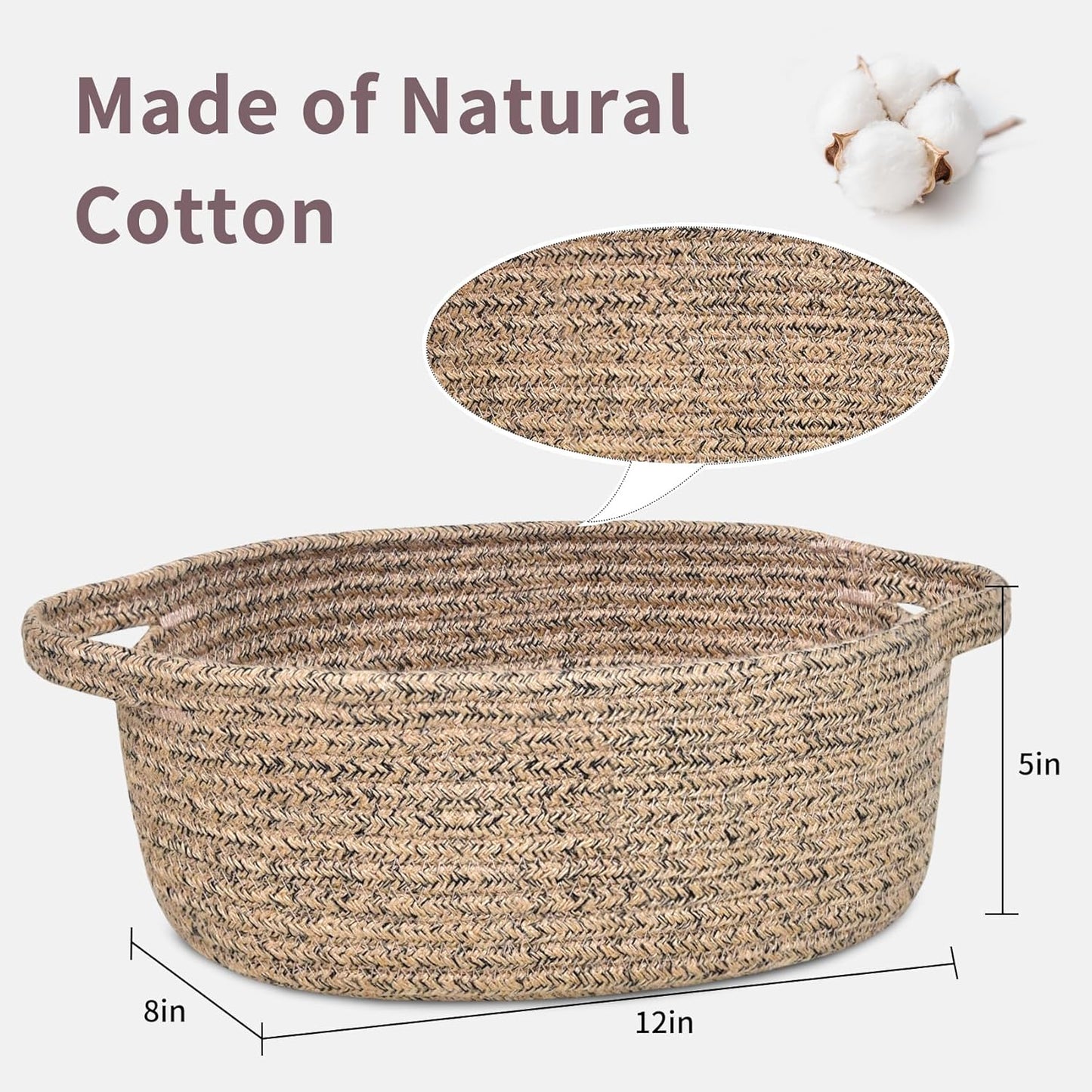 ABenkle Small Basket with Handles, Boho Decorative Rope Woven Dog Cat Toy Storage Bin Shelf Storage Organizer, Easter Christmas Gift Basket, 12"x8"x5", White