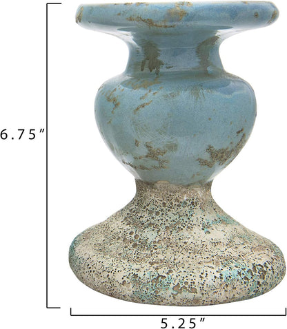 Creative Co-Op Small Distressed Blue Terracotta Pillar Candle Holder