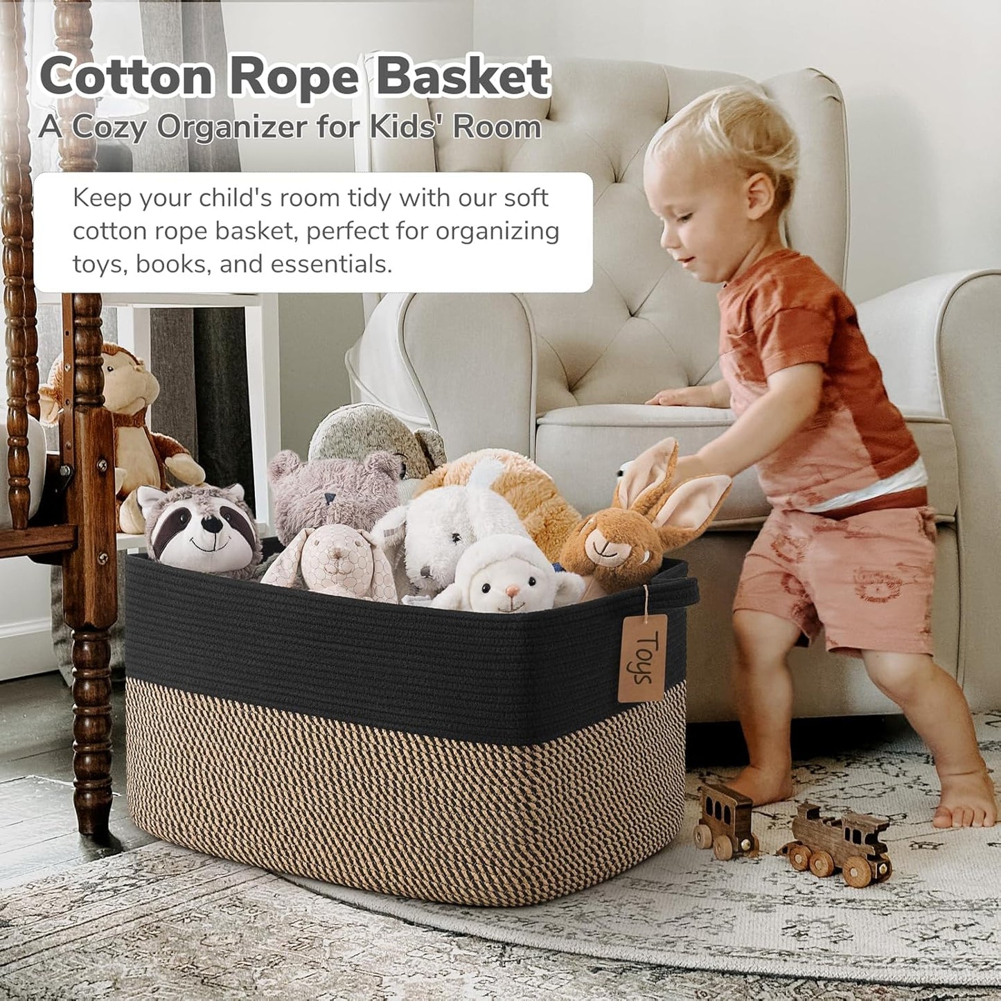 Goodpick Woven Storage Basket, Cotton Rope Basket for Dog Toys, Books, Stylish Gift Basket with Handles, 13 x 10 x 9 Inches Square Baskets for Organizing, Brown and White